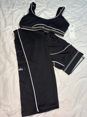 ALO Yoga Kids Black Swim Crop Top & Matching Bike Shorts with White Trim
